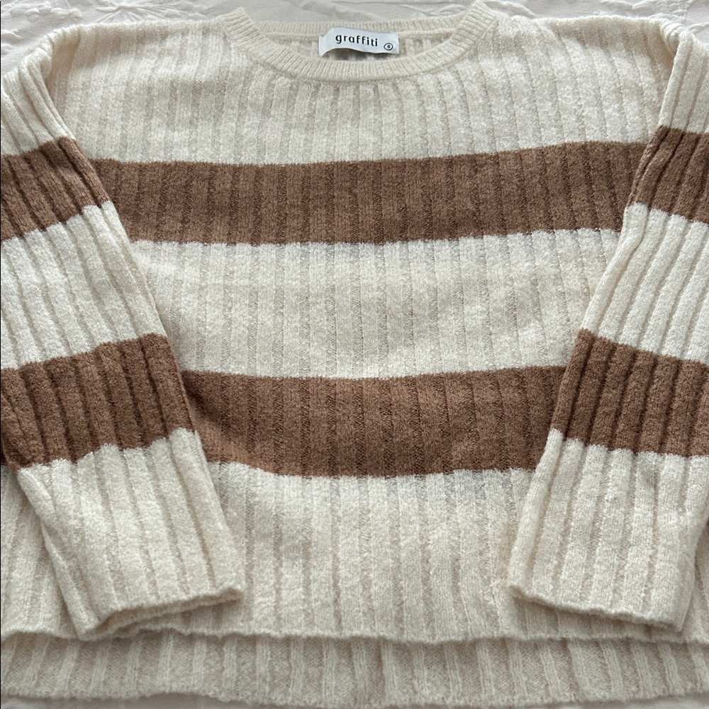 Graffiti Women's Cream and Brown Striped Sweater